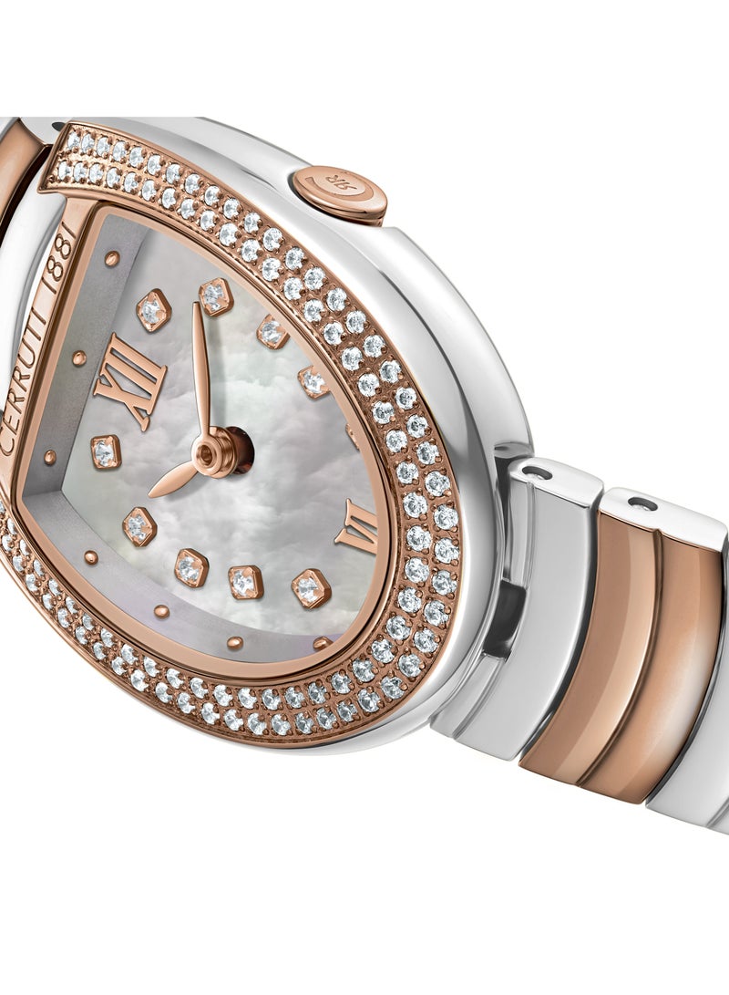 Women's Lerici Analog Watch - White Mother of Pearl Dial, Roman Numerals, Rose Gold Two Tone Bracelet