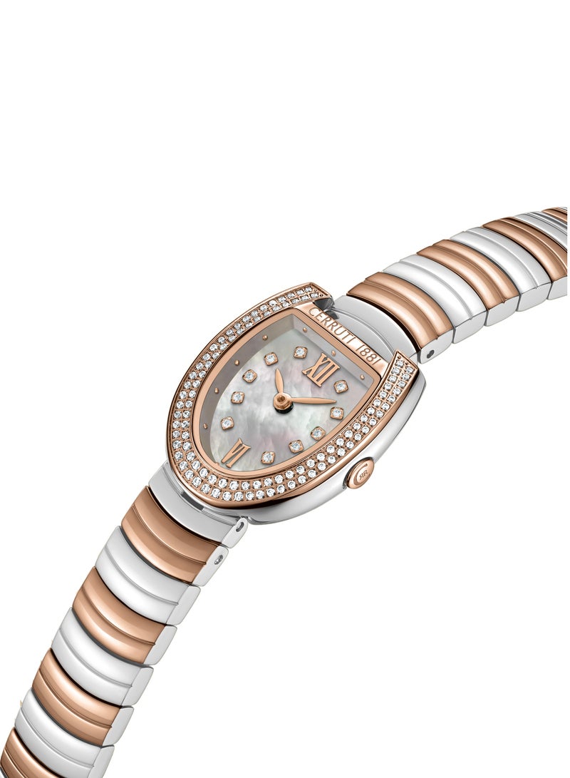 Women's Lerici Analog Watch - White Mother of Pearl Dial, Roman Numerals, Rose Gold Two Tone Bracelet