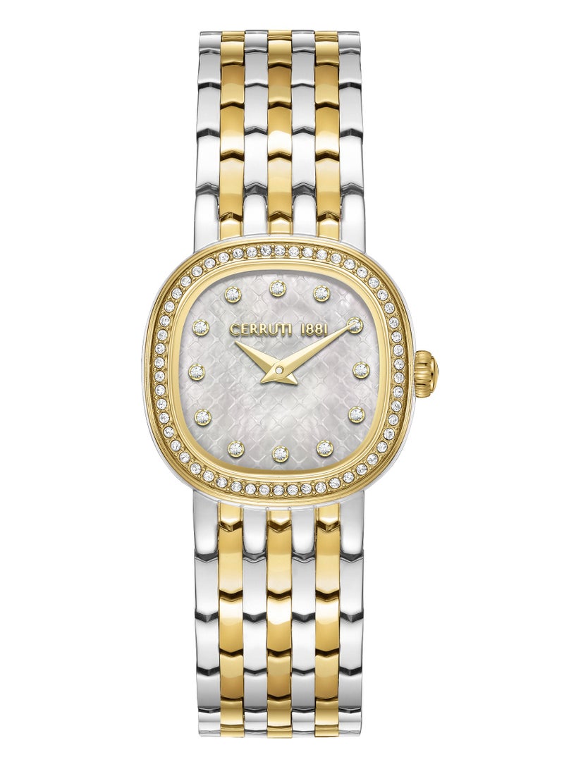 Women's Gresta Analog Watch - White Mother of Pearl Dial, Crystal Indexes, Two Tone Bracelet
