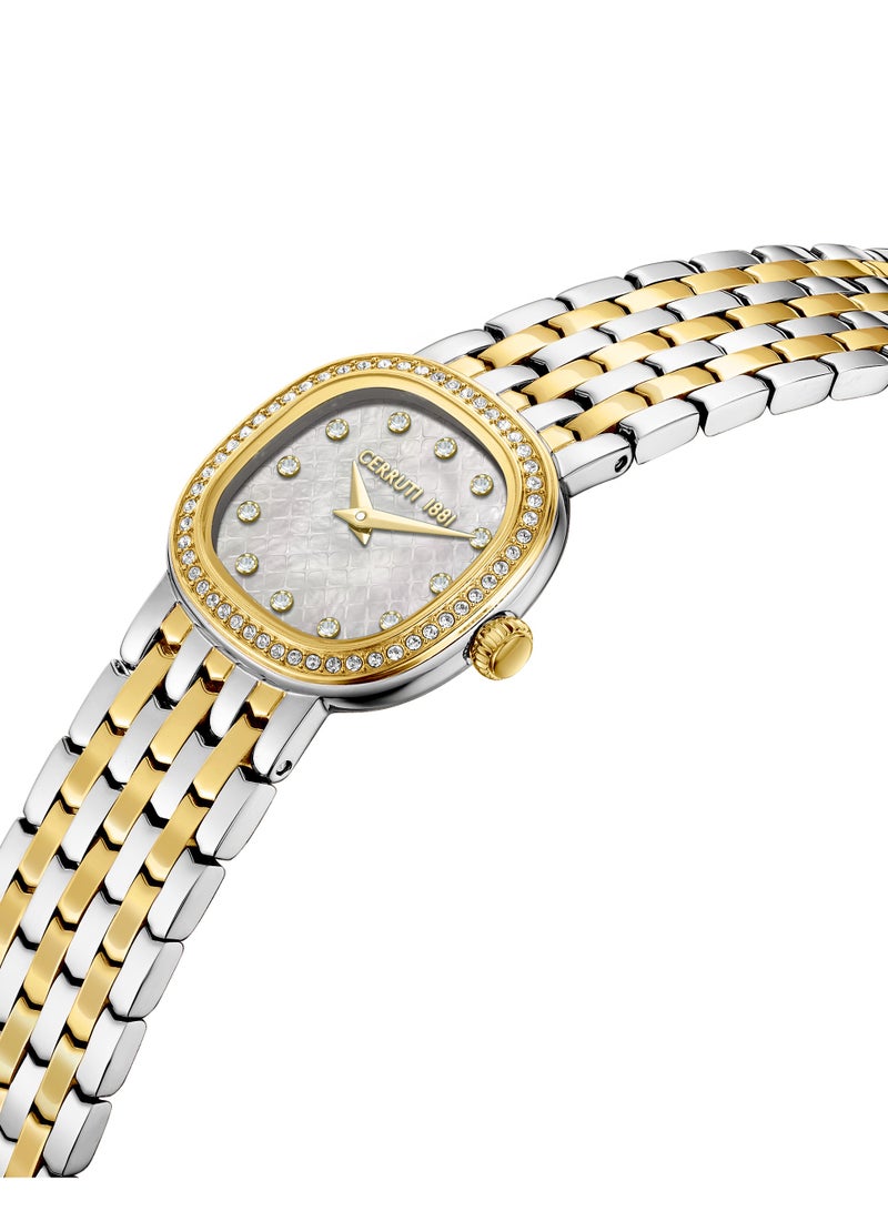 Women's Gresta Analog Watch - White Mother of Pearl Dial, Crystal Indexes, Two Tone Bracelet