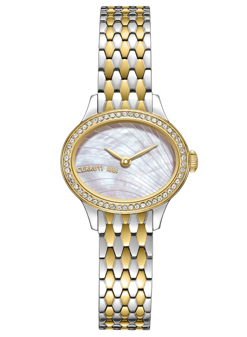Women's Nemi Analog Watch - Engraved Bezel Crystals, Beige Mother of Pearl Dial