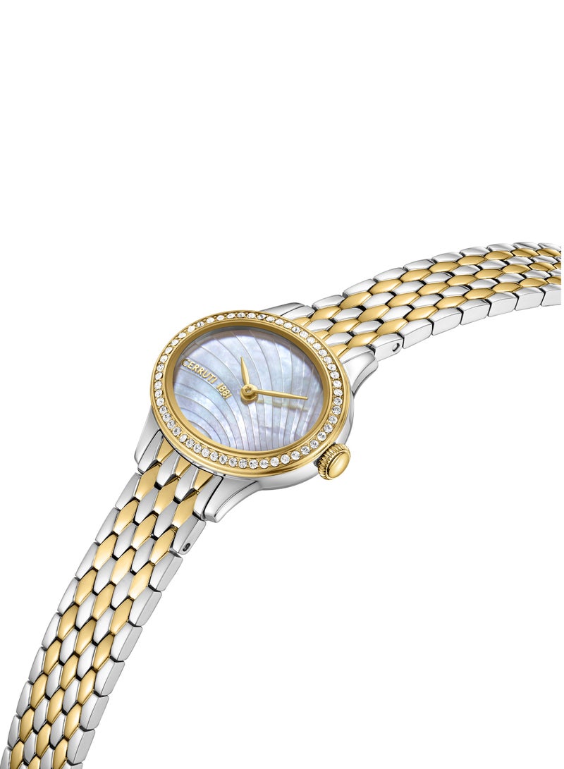 Women's Nemi Analog Watch - Engraved Bezel Crystals, Beige Mother of Pearl Dial
