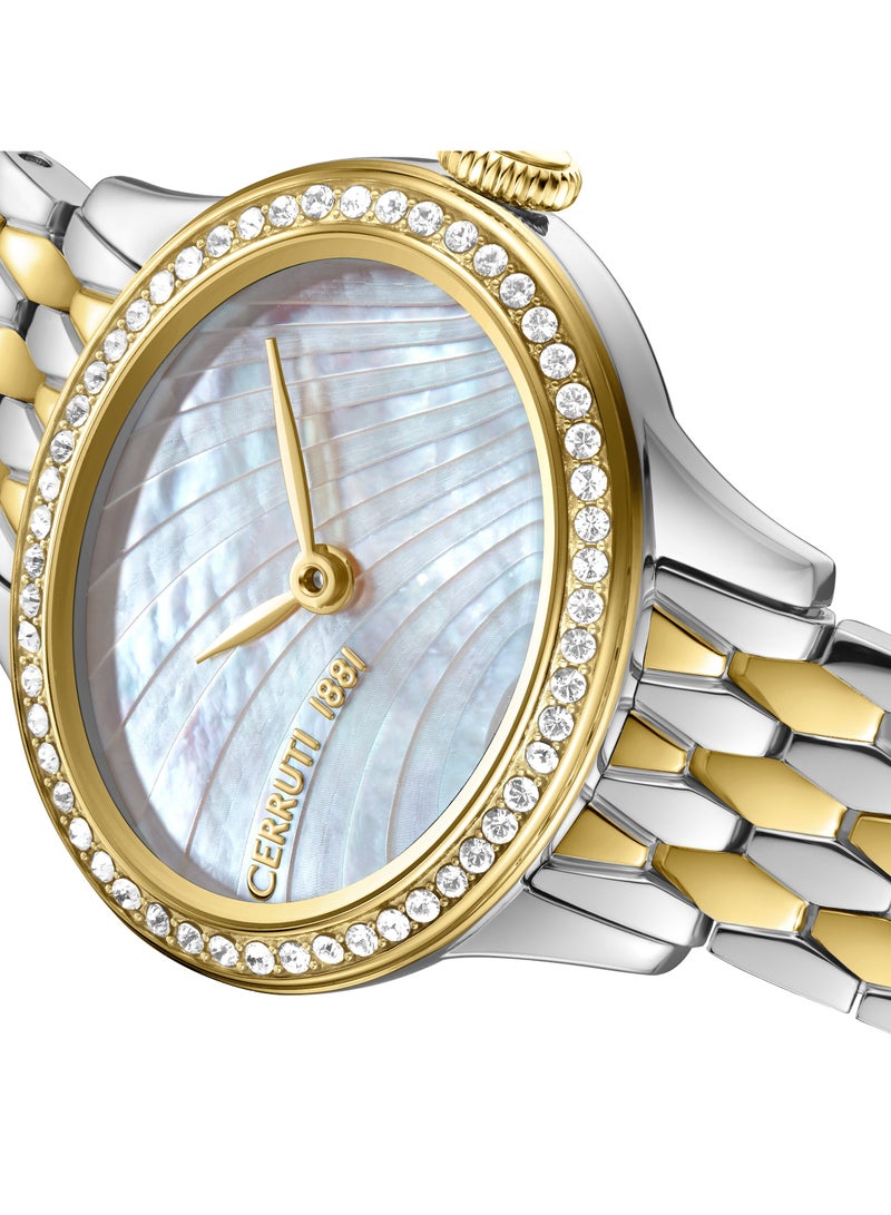 Women's Nemi Analog Watch - Engraved Bezel Crystals, Beige Mother of Pearl Dial