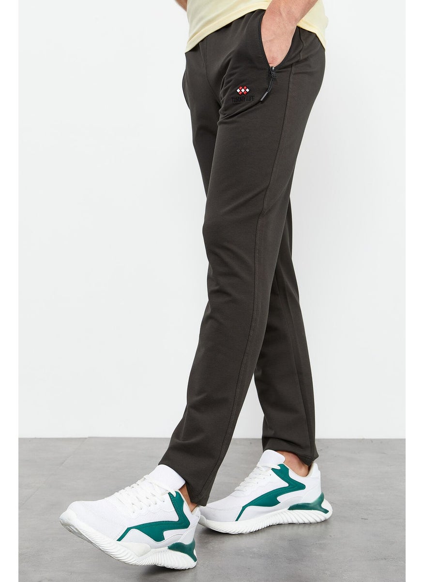 Khaki Men's Zippered Three Pocket Standard Fit Classic Leg Tracksuit Bottom-84671