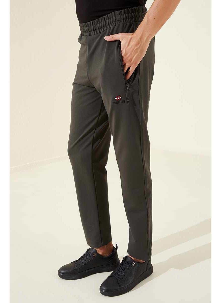 Khaki Zippered Three Pocket Slim Fit Classic Leg Men's Tracksuit Bottom - 84671
