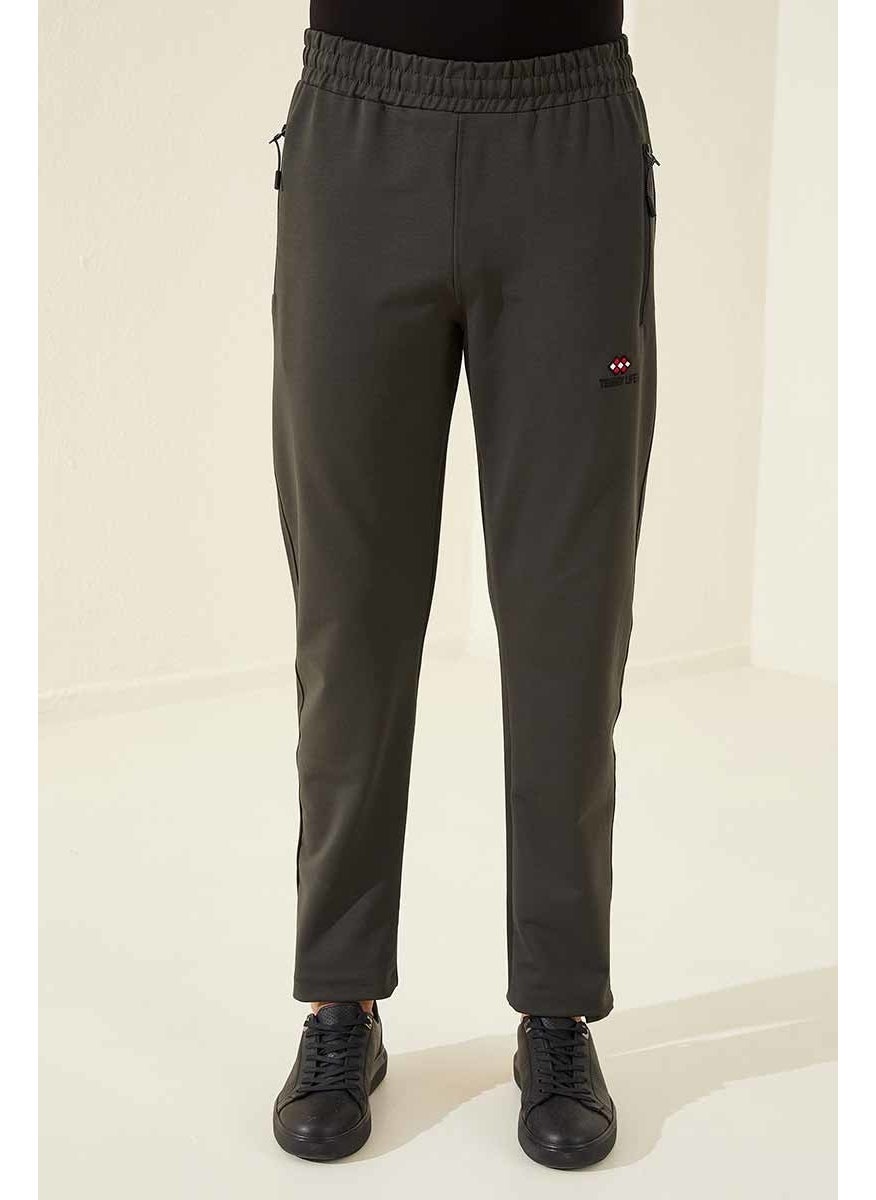 Khaki Zippered Three Pocket Slim Fit Classic Leg Men's Tracksuit Bottom - 84671