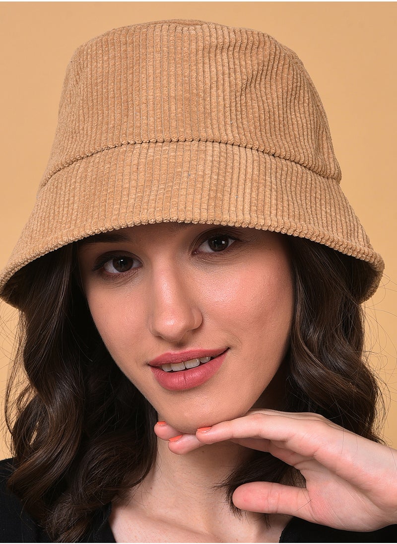 Beige Solid Corduroy Bucket Hat
