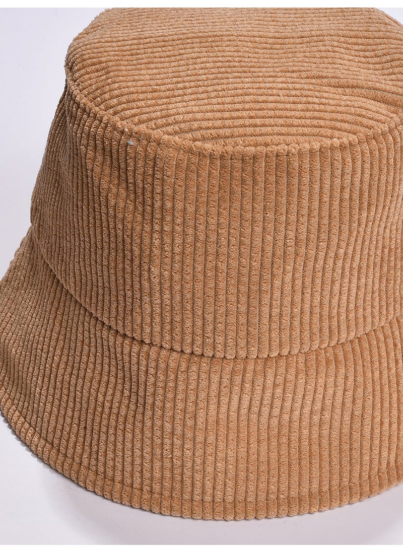 Beige Solid Corduroy Bucket Hat