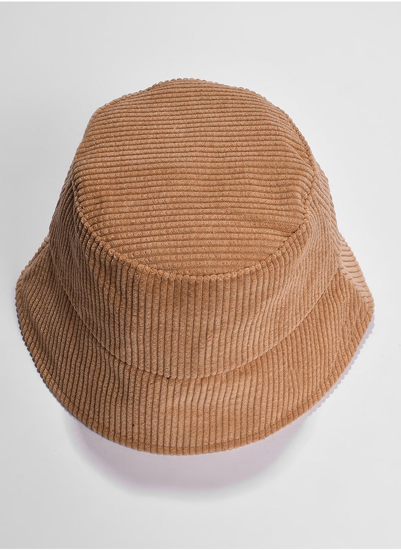 Beige Solid Corduroy Bucket Hat