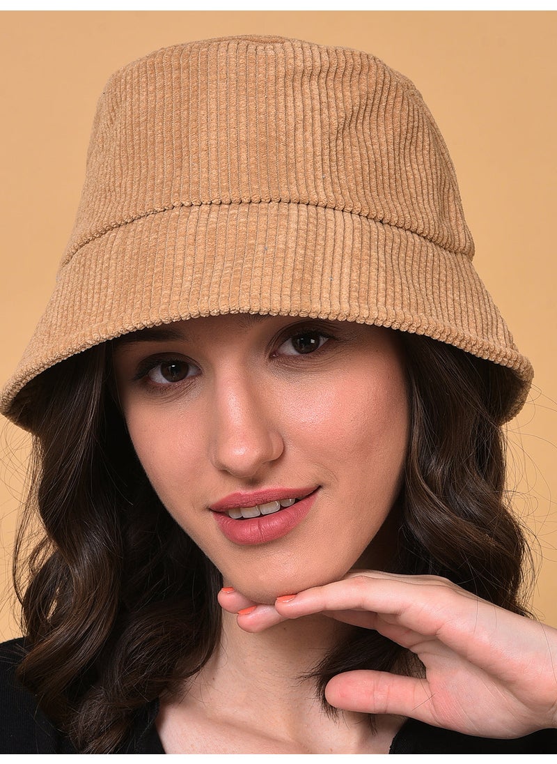 Beige Solid Corduroy Bucket Hat