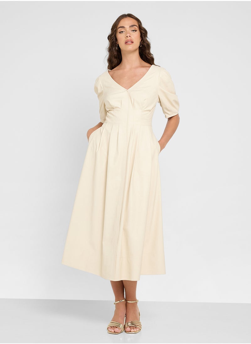 V-Neck Balloon Sleeve Dress