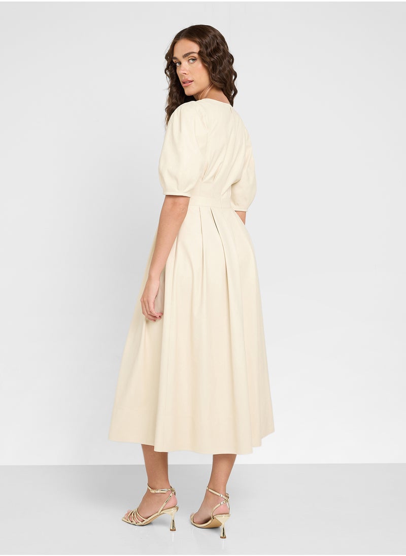 V-Neck Balloon Sleeve Dress