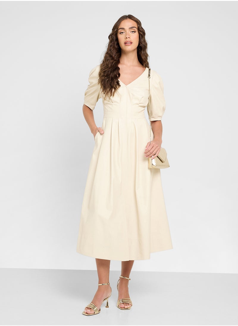 V-Neck Balloon Sleeve Dress