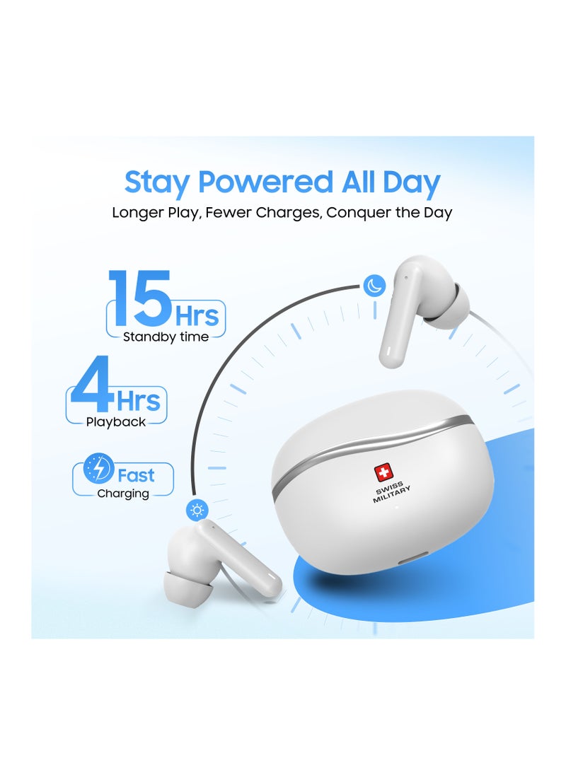 Swiss Military Victor 4 Wireless Earbuds Bluetooth with Active Noise Cancelling, ENC, 5hr Music, Wireless Charging Case,150hr Standby, Compatible with iPhones, Samsung and other Smartphones(White)