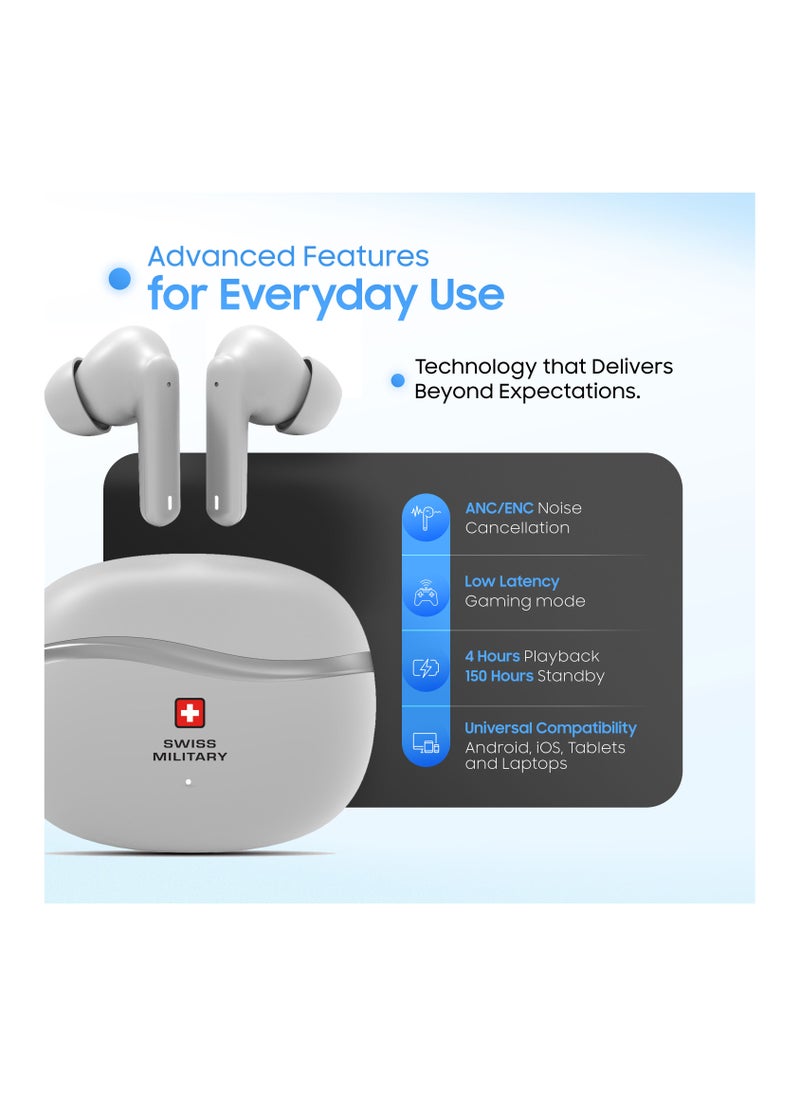 Swiss Military Victor 4 Wireless Earbuds Bluetooth with Active Noise Cancelling, ENC, 5hr Music, Wireless Charging Case,150hr Standby, Compatible with iPhones, Samsung and other Smartphones(White)