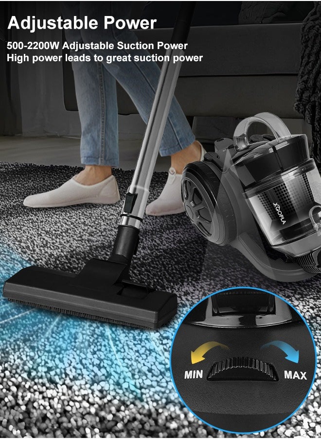 Canister Vacuum Cleaner, with 2200W Powerful 28000PA Suction Handheld Vacuum Cleaner, 99.9% Dust Removal, 2.2L Dust Cup, 5.2KG Lightweight Design, Auto Cord Rewind, Multi-Surface Brush for Hard Floor /Carpet /Sofa,Suitable for home, office and car cleaning