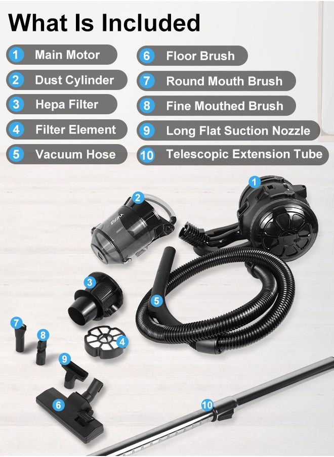 Canister Vacuum Cleaner, with 2200W Powerful 28000PA Suction Handheld Vacuum Cleaner, 99.9% Dust Removal, 2.2L Dust Cup, 5.2KG Lightweight Design, Auto Cord Rewind, Multi-Surface Brush for Hard Floor /Carpet /Sofa,Suitable for home, office and car cleaning
