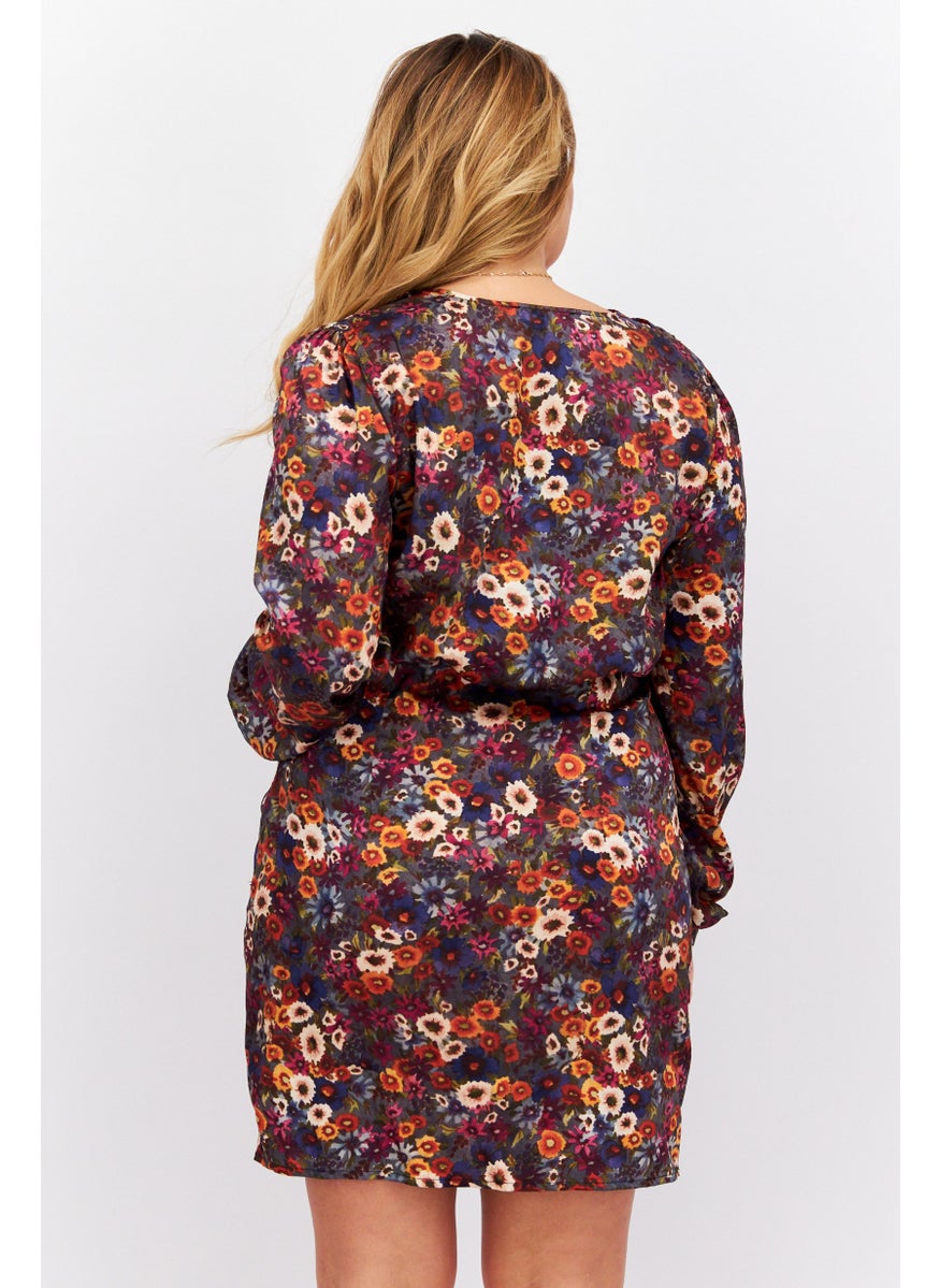 Women Floral Pattern Mini Dress, Grey Combo