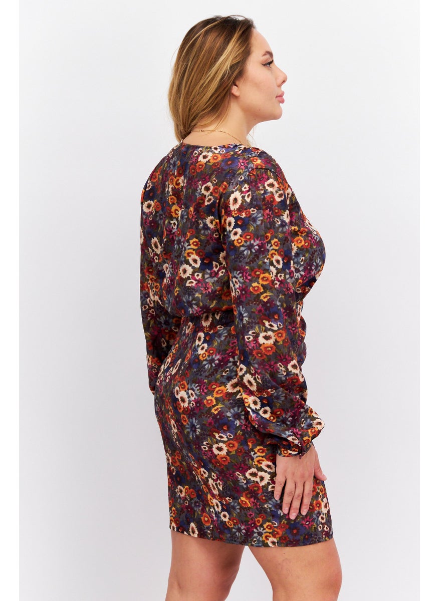Women Floral Pattern Mini Dress, Grey Combo