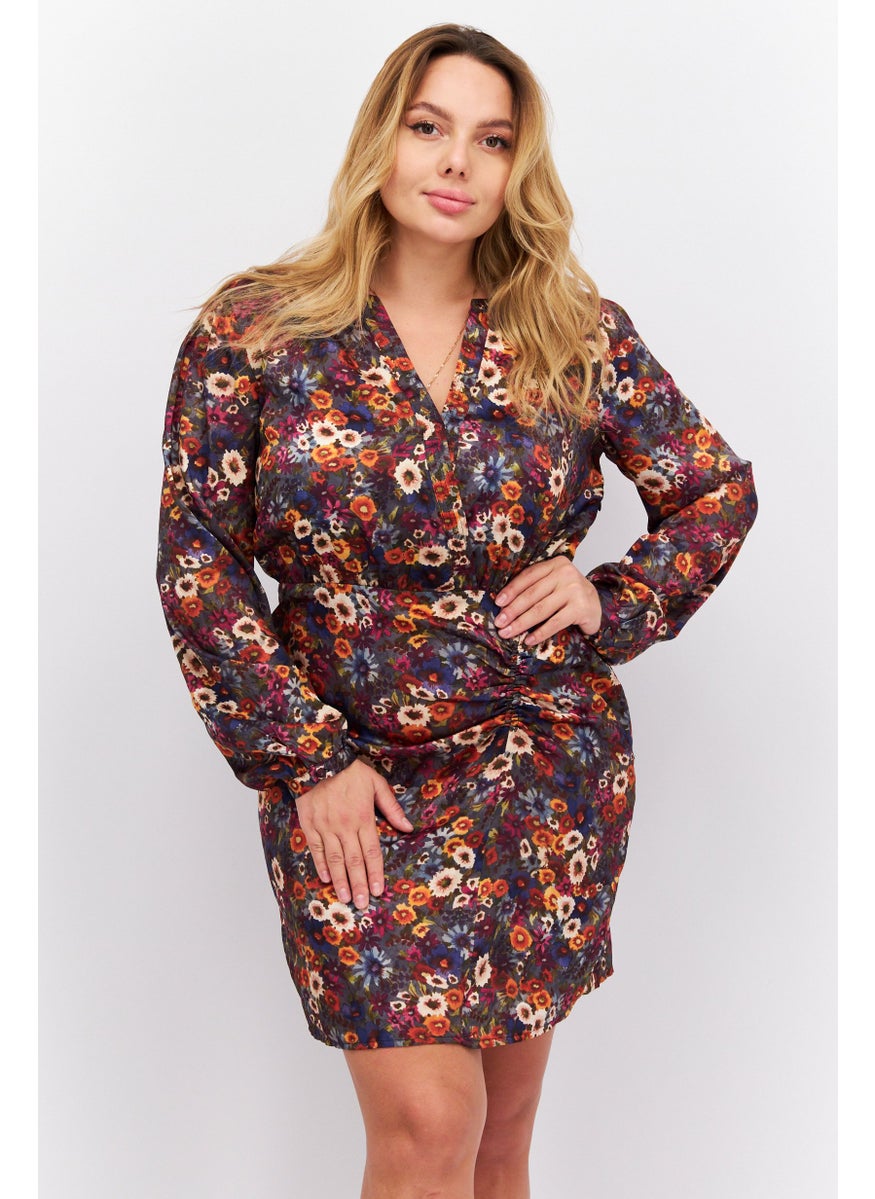 Women Floral Pattern Mini Dress, Grey Combo
