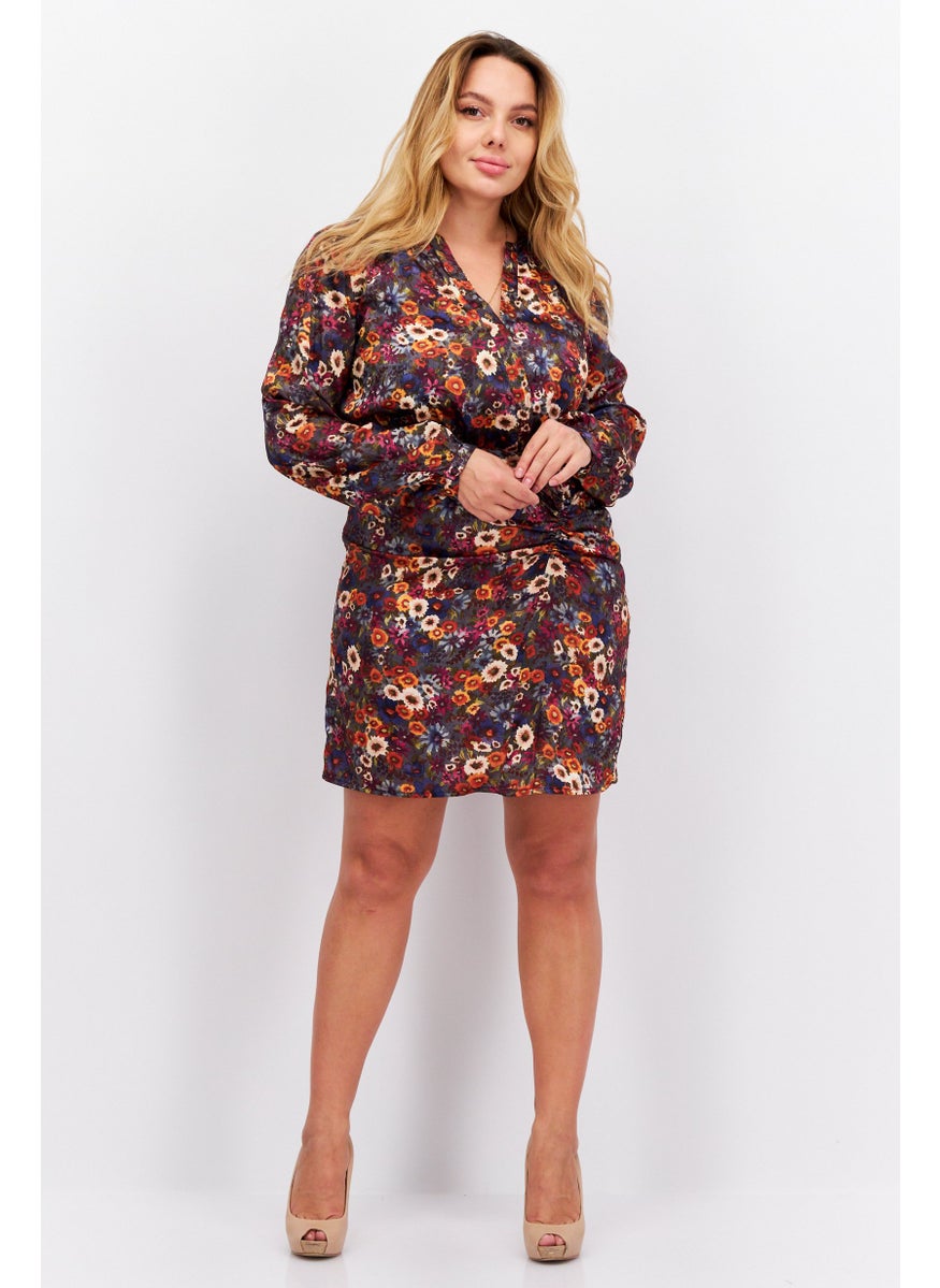 Women Floral Pattern Mini Dress, Grey Combo