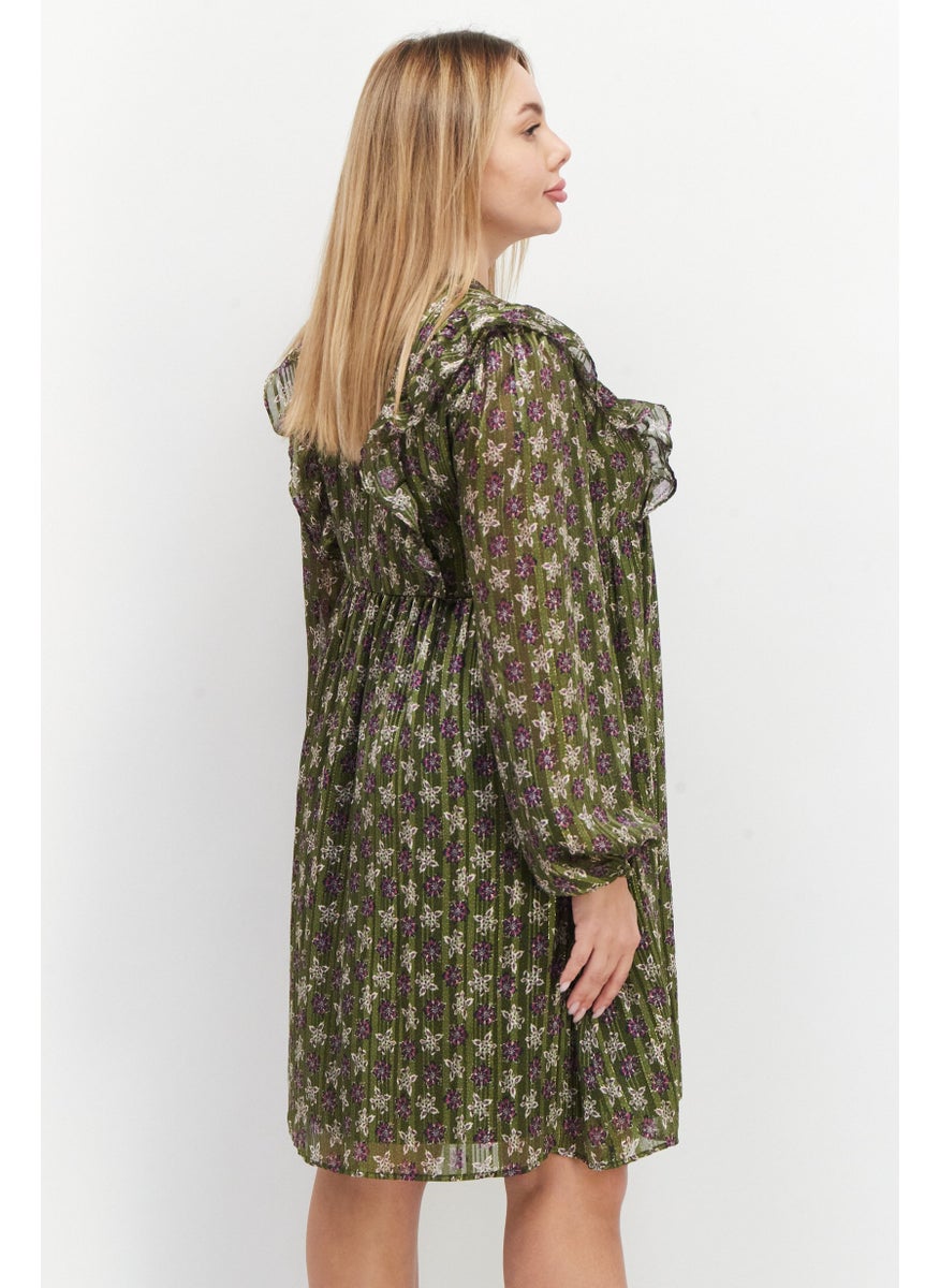 Women Printed Midi Party Dress, Olive
