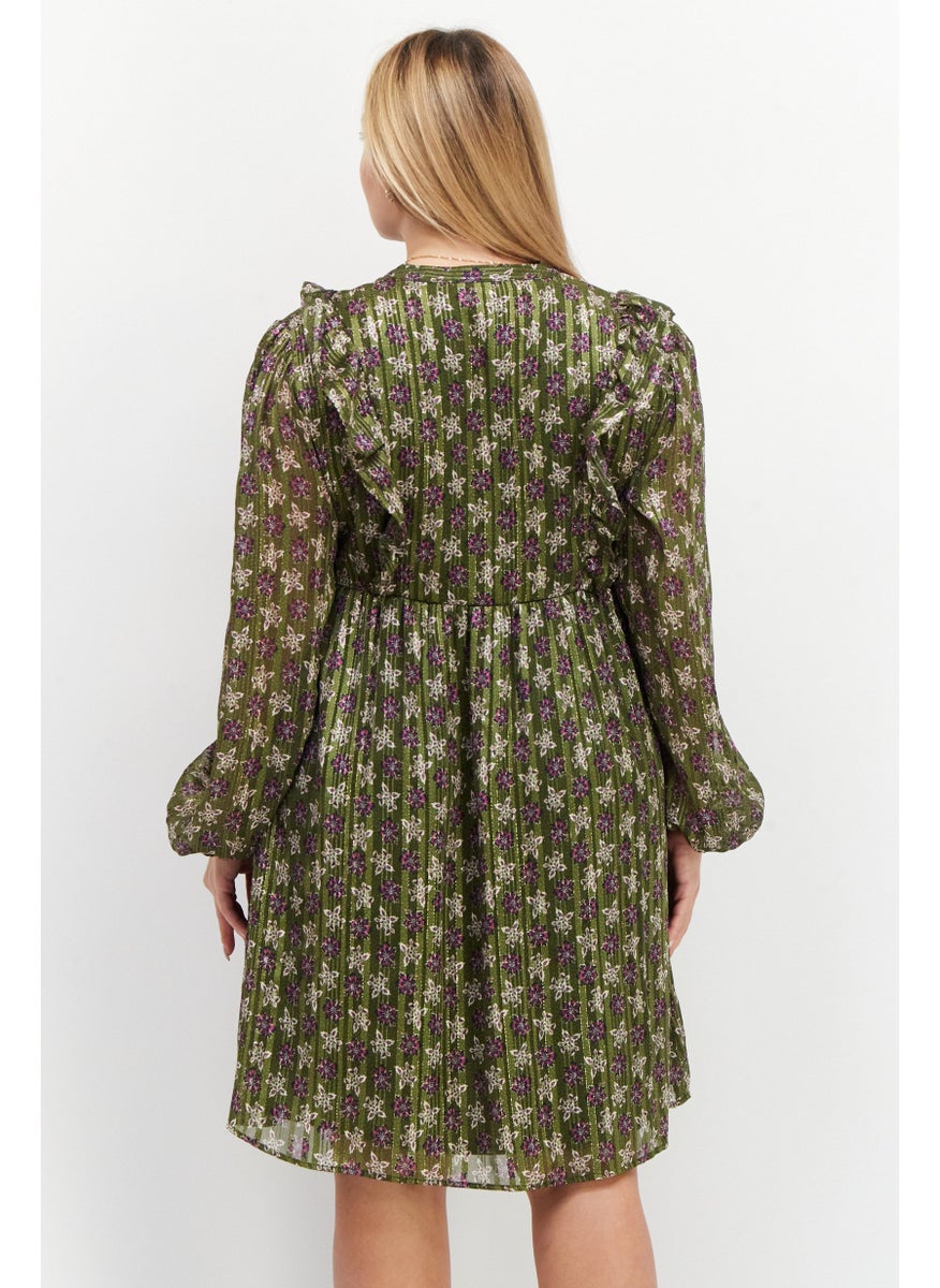 Women Printed Midi Party Dress, Olive