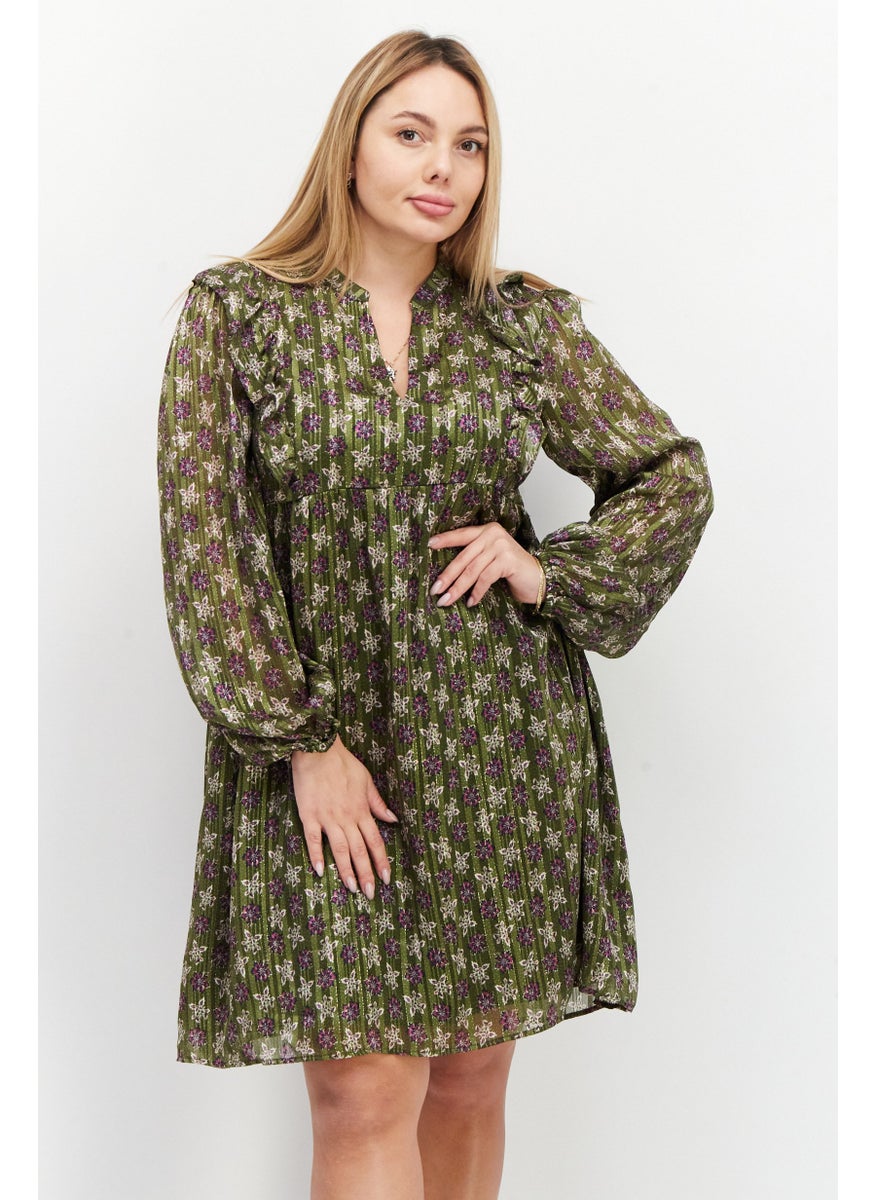 Women Printed Midi Party Dress, Olive