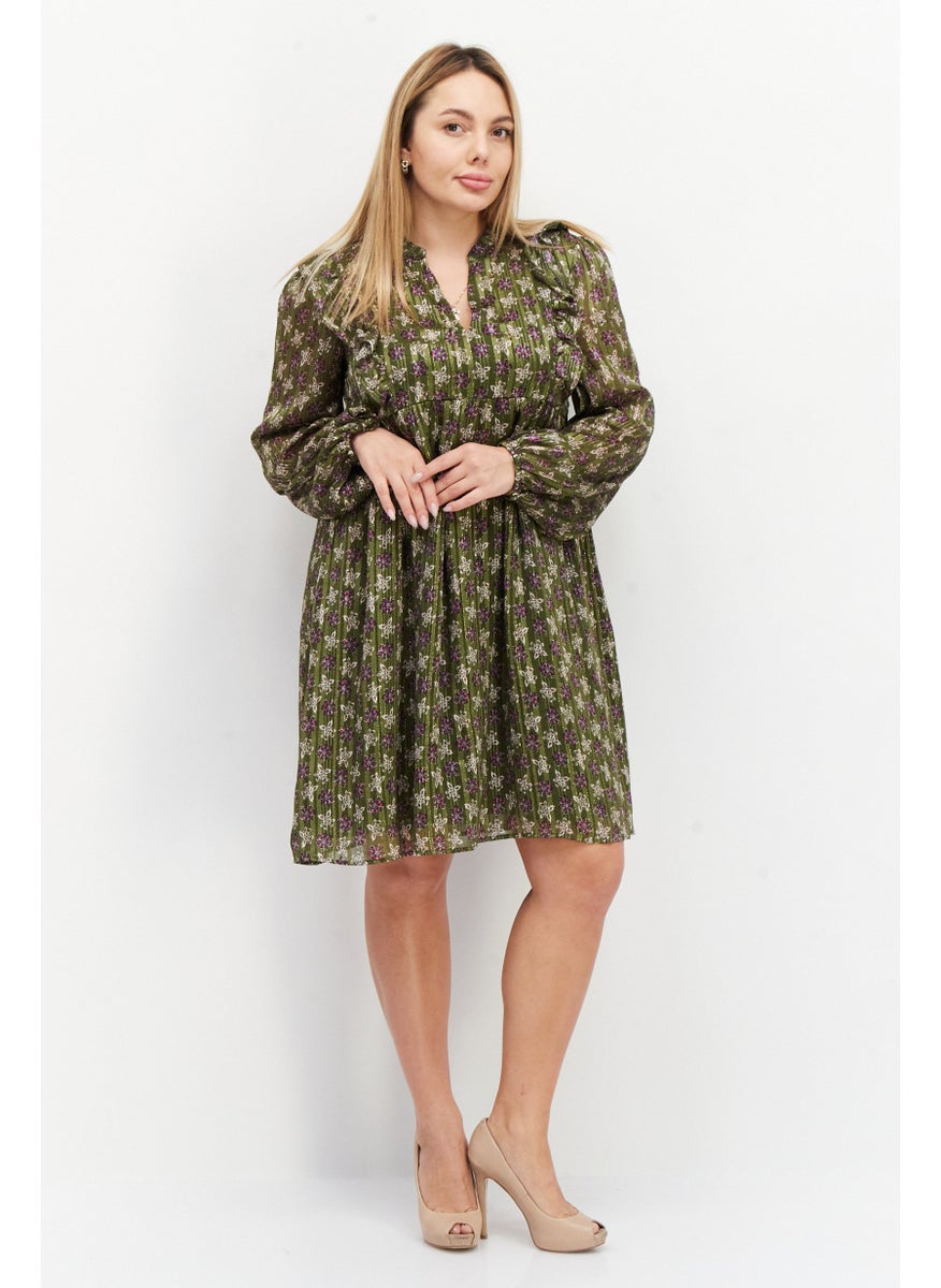 Women Printed Midi Party Dress, Olive