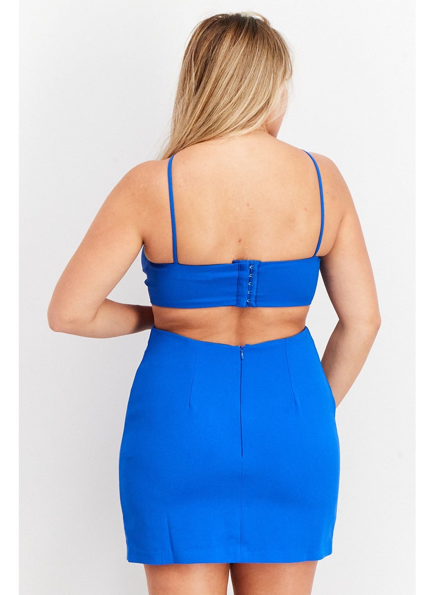 Women Plain Cut Out Mini Dress, Blue