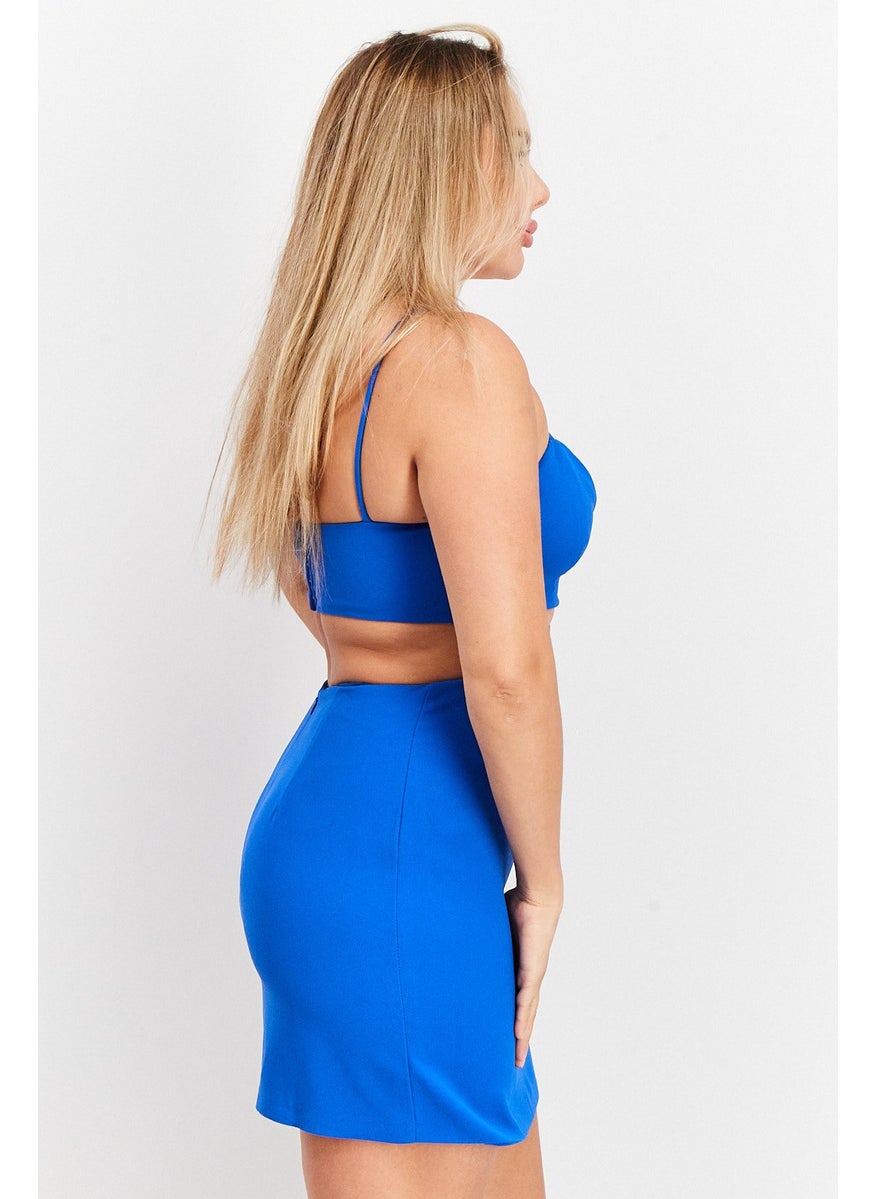 Women Plain Cut Out Mini Dress, Blue