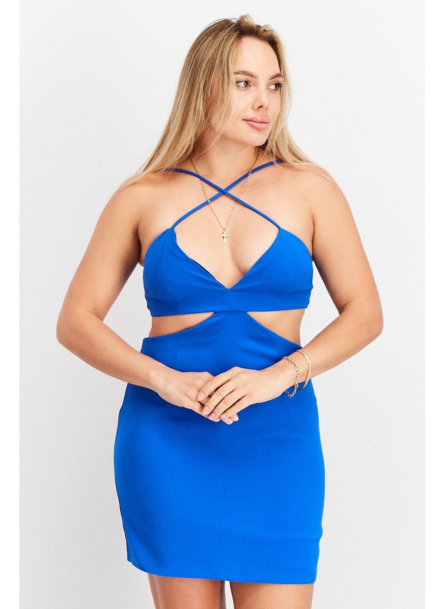 Women Plain Cut Out Mini Dress, Blue