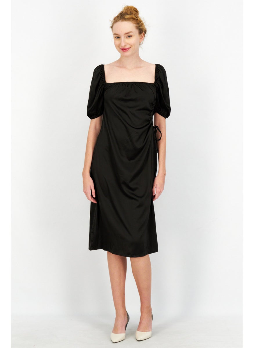Women Plain Puff Sleeve Cut Out Midi Dress, Black