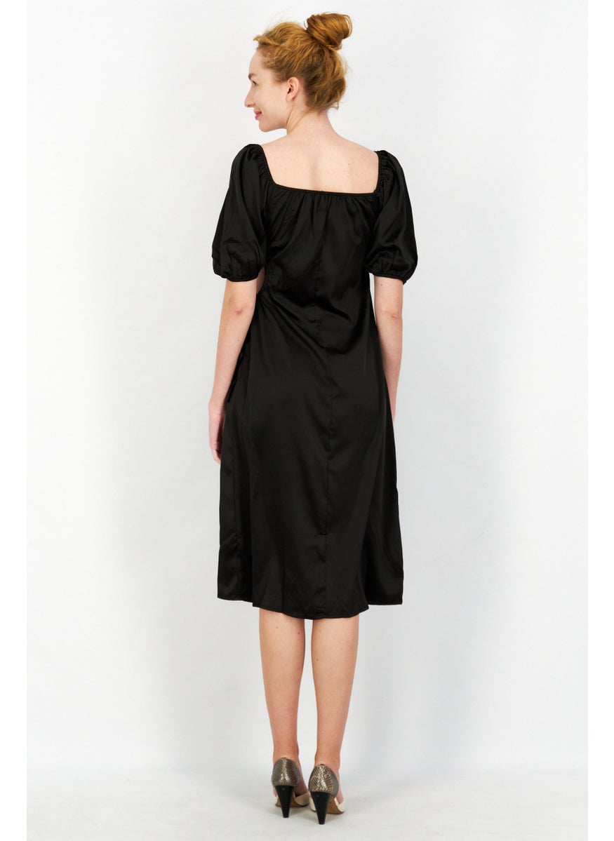 Women Plain Puff Sleeve Cut Out Midi Dress, Black