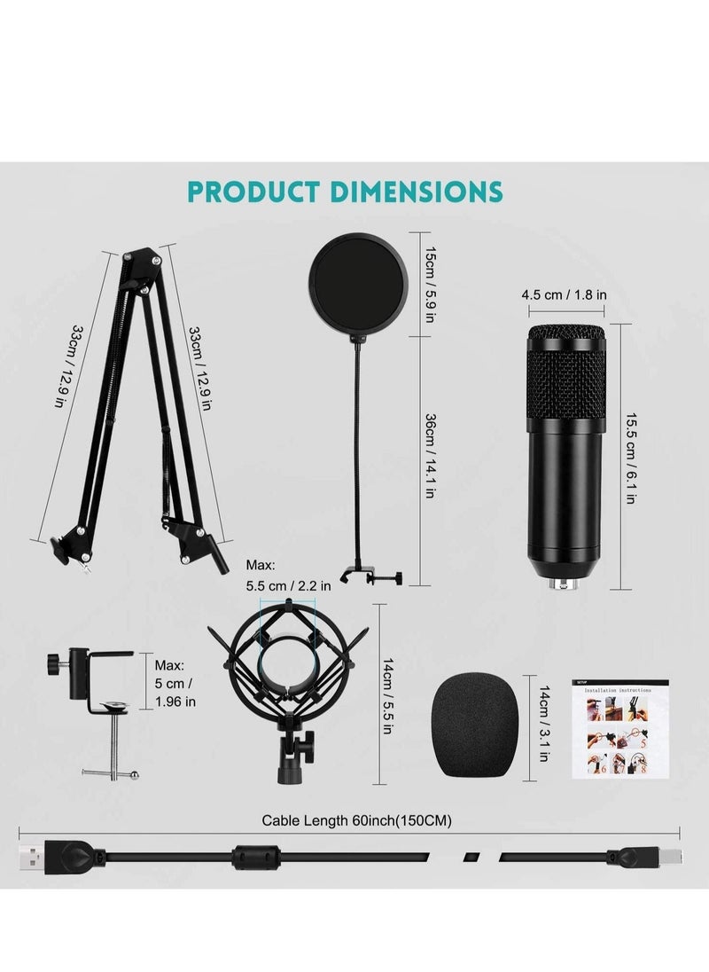 USB Condenser Microphone for PC – 192KHZ/24BIT Professional Cardioid Mic Kit with Adjustable Scissor Arm Stand, Shock Mount, and Pop Filter – Ideal for Karaoke, YouTube, Gaming, and Podcasting – High-Quality Sound with Noise Reduction