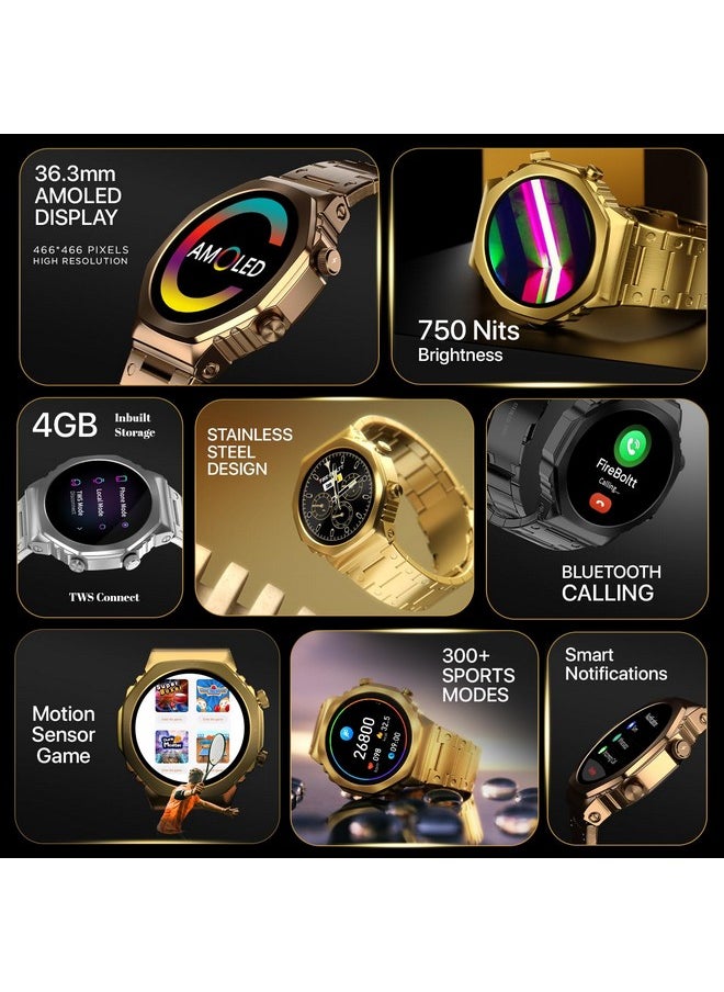 Fire-Boltt Onyx- 36.3mm AMOLED Always On Display Smart Watch, 466 * 466 High Resolution, Bluetooth Calling, Steel Design, IP67, 4GB Storage, 300+ Sports Modes, 130+ Watch Faces (Gold)