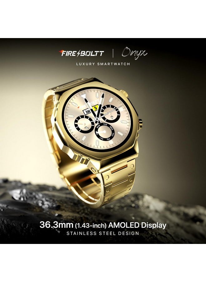Fire-Boltt Onyx- 36.3mm AMOLED Always On Display Smart Watch, 466 * 466 High Resolution, Bluetooth Calling, Steel Design, IP67, 4GB Storage, 300+ Sports Modes, 130+ Watch Faces (Gold)