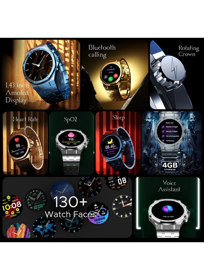 Fire-Boltt Royale Luxury Stainless Steel Smart Watch 1.43” AMOLED Display, Always On Display, 750 NITS Peak Brightness 466 * 466 px Resolution. Bluetooth Calling, IP67, 75Hz Refresh Rate (Gold)