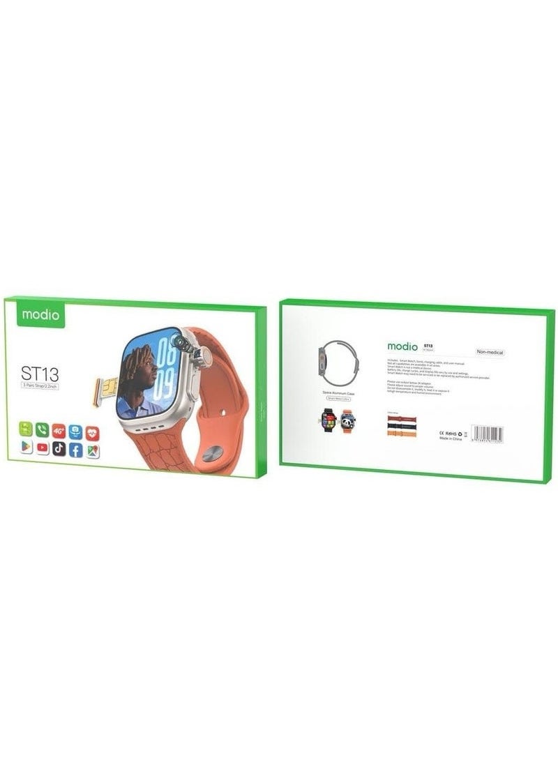 ST13 Smart Watch with 2.2 Inch Full Screen Display | SIM Card Slot for Independent Calling | Includes 3 Pairs of Straps | Fitness Tracker, Heart Rate Monitor, and Notifications | Stylish, Customizable Smartwatch for Men and Women
