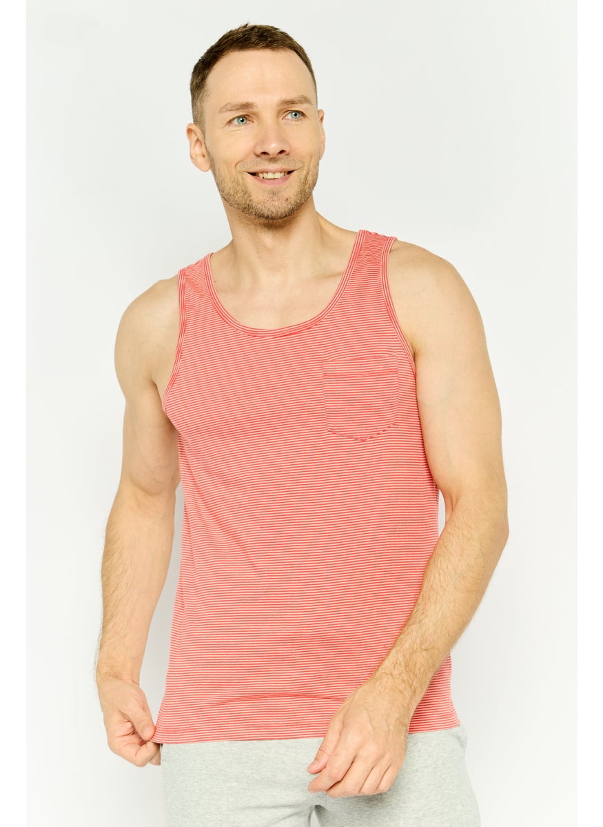 Men Scoop Neck Sleeveless Stripe Vest,  Peach