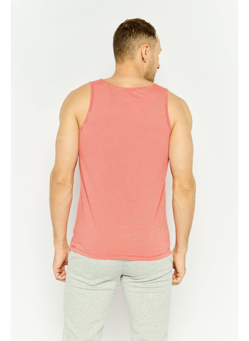 Men Scoop Neck Sleeveless Stripe Vest,  Peach