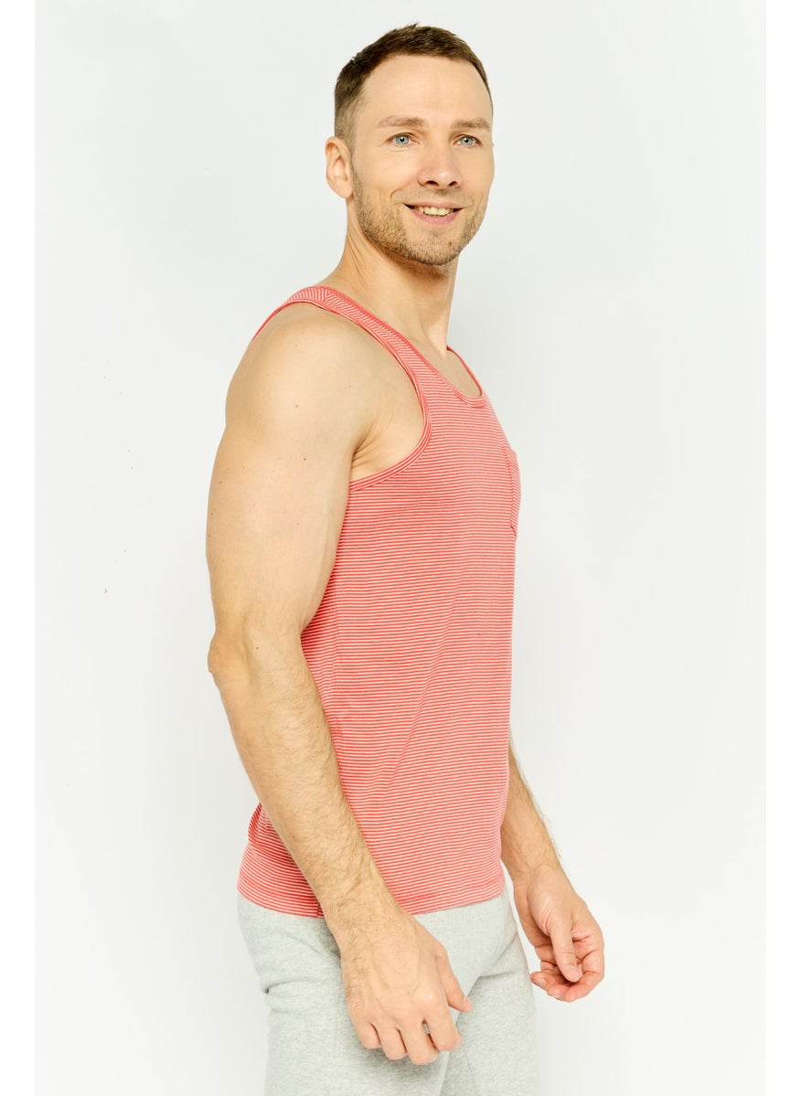 Men Scoop Neck Sleeveless Stripe Vest,  Peach