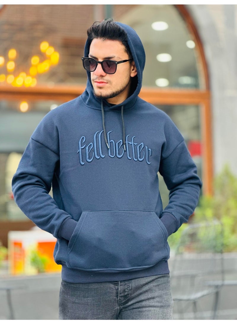 Navy Blue Fell Better Embroidered Hooded Three Thread Oversize Sweatshirt