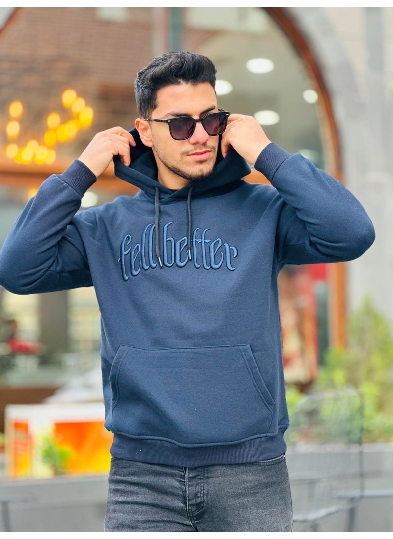 Navy Blue Fell Better Embroidered Hooded Three Thread Oversize Sweatshirt