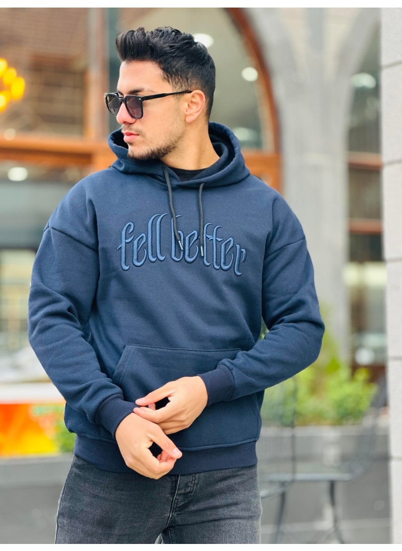 Navy Blue Fell Better Embroidered Hooded Three Thread Oversize Sweatshirt
