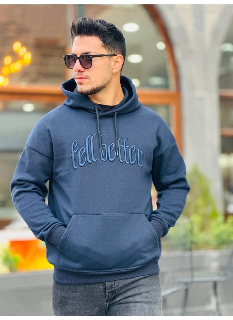 Navy Blue Fell Better Embroidered Hooded Three Thread Oversize Sweatshirt