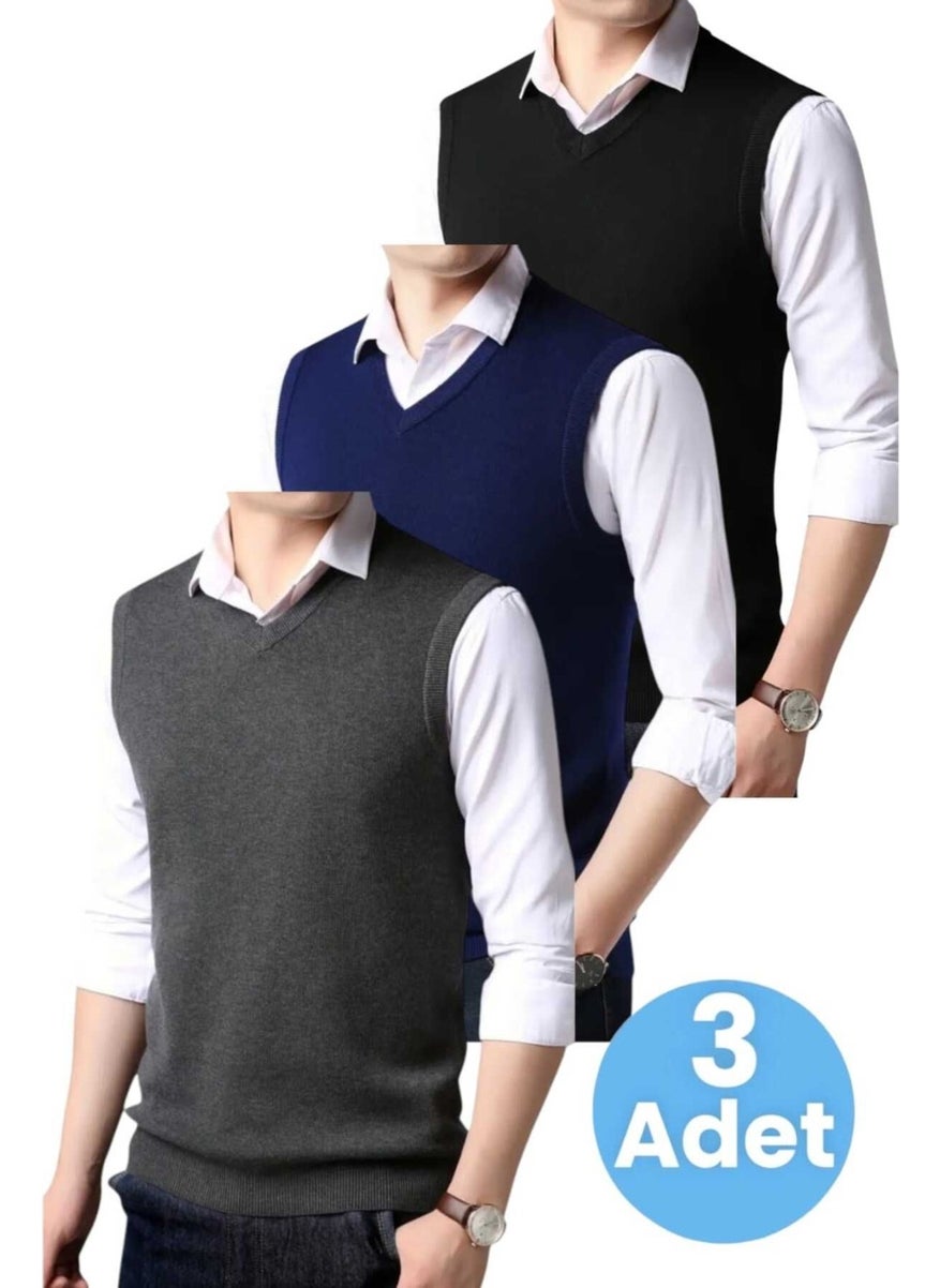 3-Piece Men's V-Neck Knitwear Non-Pilling Sweater Men's Slim Fit Sweater