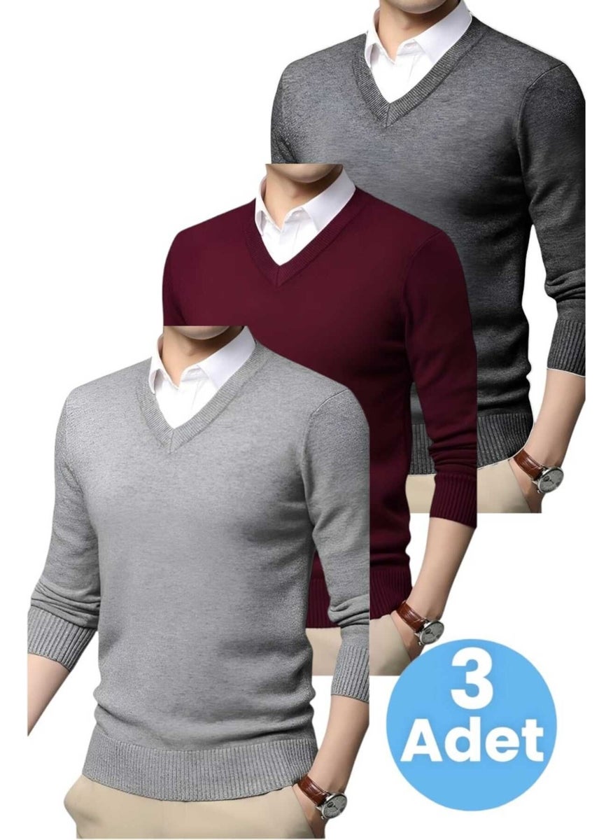 3-Piece Men's V Neck Long Sleeve Knitwear Non-Pilling Sweater Men's Slim Fit Sweater