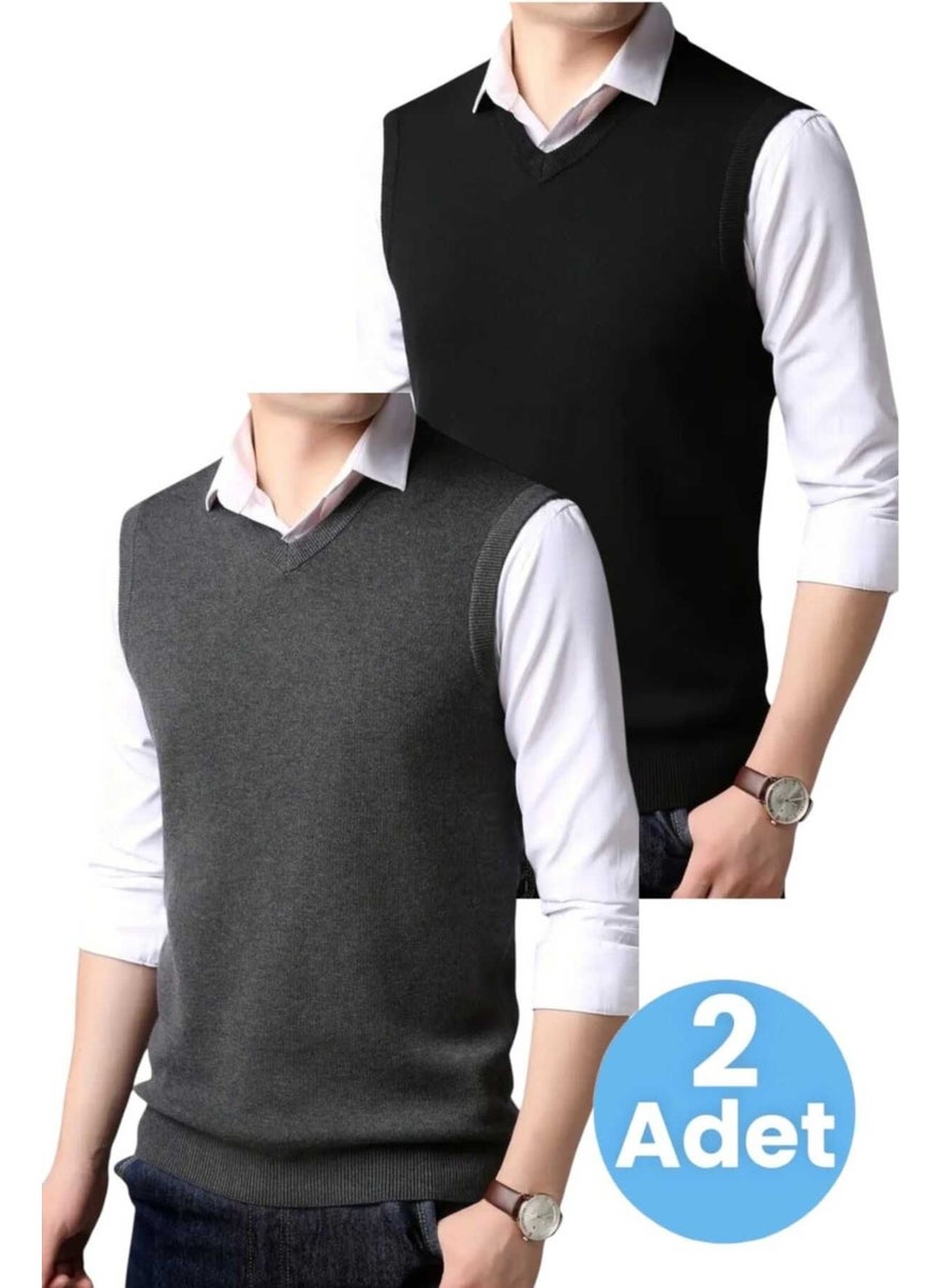 2-Pack Men's V-Neck Knitwear Non-Pilling Sweater Men's Slim Fit Sweater