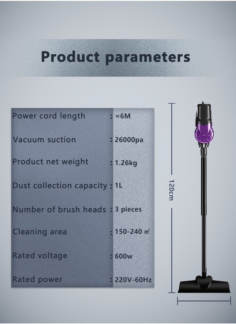 Vacuum Cleaner, 26000Pa (600W) Powerful Suction, Multi-function Handheld Stick Vacuum Cleaner, 6M Corded Stick Cacuum Cleaner, 5 Layers 99% Filtered, 1L Large Capacity Bust Bin with Two Replaceable Suction Heads, Suitable for Hard Floors, Carpets and Pet Hair